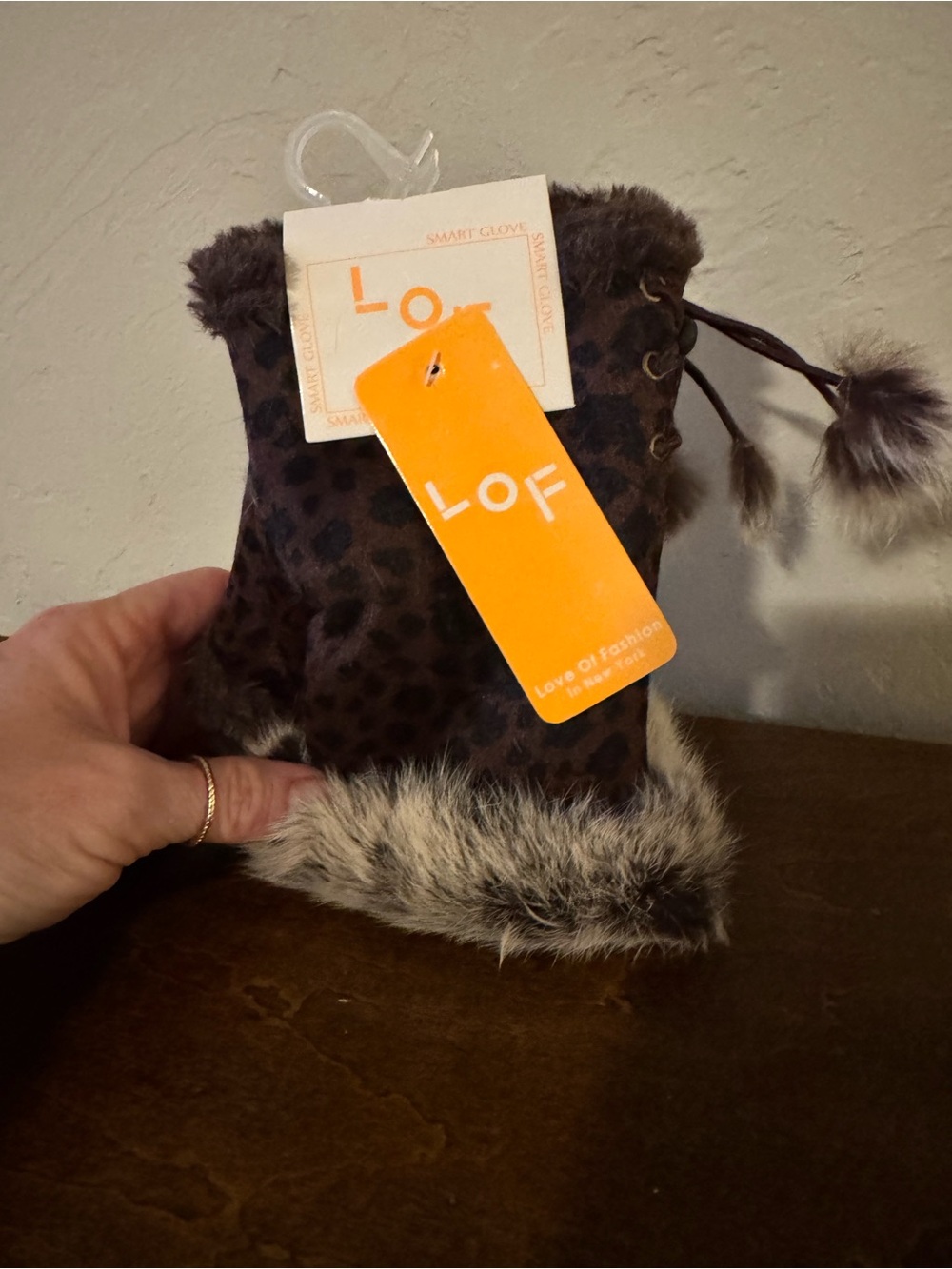 LOF Leopard-Print Faux Fur Cuff Fingerless Smart Glove - Brown